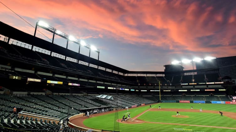 Sep 4, 2020; Baltimore, Maryland, USA; A general view of the stadium as the sun sets during the game between the New York Yankees and Baltimore Orioles at Oriole Park at Camden Yards. Mandatory Credit: Evan Habeeb-USA TODAY Sports