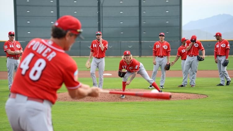 Feb 18, 2016; Goodyear, AZ, USA; Cincinnati Reds starting pitcher John Lamb (47) plays a ground ball during workouts at Cincinnati Reds Development Complex. Mandatory Credit: Joe Camporeale-USA TODAY Sports