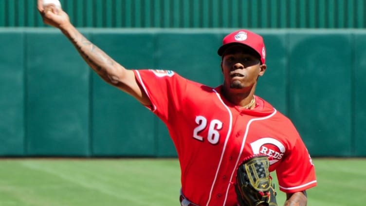 Mar 14, 2016; Tempe, AZ, USA; Cincinnati Reds starting pitcher Raisel Iglesias (26) throws during the first inning against the Los Angeles Angels at Tempe Diablo Stadium. Mandatory Credit: Matt Kartozian-USA TODAY Sports