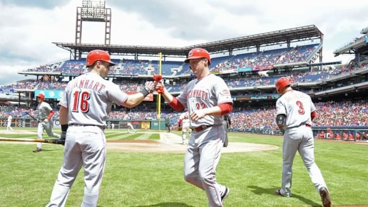 May 15, 2016; Philadelphia, PA, USA; Cincinnati Reds right fielder Jay Bruce (32) celebrates with catcher Tucker Barnhart (16) after scoring a run during the second inning against the Philadelphia Phillies at Citizens Bank Park. Mandatory Credit: Eric Hartline-USA TODAY Sports