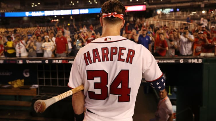 WASHINGTON, DC - JULY 16: Bryce Harper #34 during the T-Mobile Home Run Derby at Nationals Park on July 16, 2018 in Washington, DC. (Photo by Patrick Smith/Getty Images)