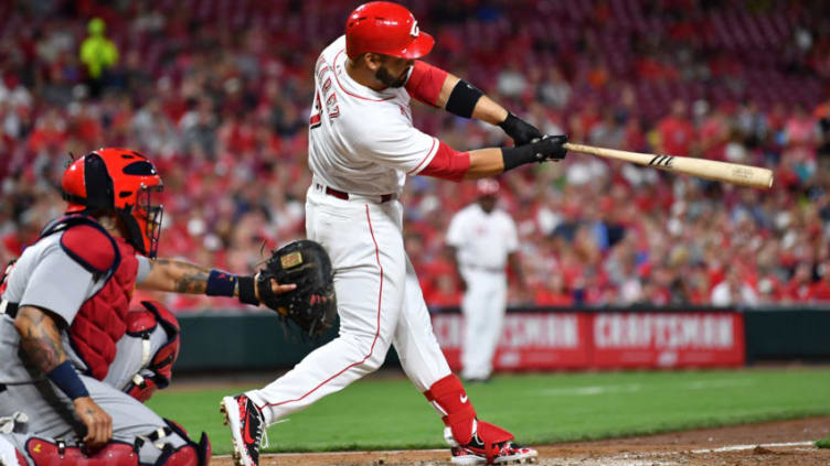 CINCINNATI, OH - JULY 24: Eugenio Suarez #7 of the Cincinnati Reds hits a two-run home run in the seventh inning against the St. Louis Cardinals at Great American Ball Park on July 24, 2018 in Cincinnati, Ohio. St. Louis defeated Cincinnati in 11 innings. (Photo by Jamie Sabau/Getty Images)