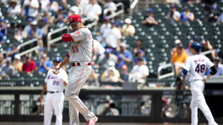 NEW YORK, NY - AUGUST 08: Robert Stephenson #55 of the Cincinnati Reds walks Jacob deGrom #48 of the New York Mets with bases loaded sending Jose Bautista #11 of the New York Mets to score in the fourth inning at Citi Field on August 8, 2018 in the Flushing neighborhood of the Queens borough of New York City. (Photo by Michael Owens/Getty Images)