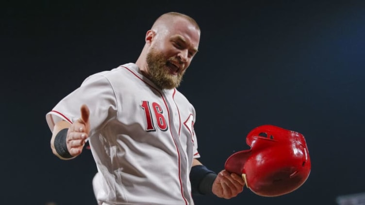 CINCINNATI, OH - AUGUST 11: Tucker Barnhart #16 of the Cincinnati Reds celebrates after scoring against the Arizona Diamondbacks at Great American Ball Park on August 11, 2018 in Cincinnati, Ohio. (Photo by Michael Hickey/Getty Images)