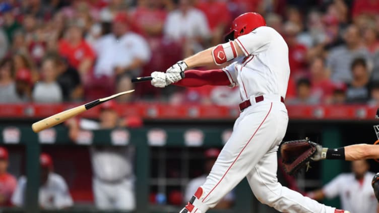 CINCINNATI, OH - AUGUST 18: Brandon Dixon #4 of the Cincinnati Reds hits a broken-bat two RBI double in the fifth inning against the San Francisco Giants at Great American Ball Park on August 18, 2018 in Cincinnati, Ohio. (Photo by Jamie Sabau/Getty Images)