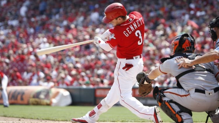 CINCINNATI, OH - AUGUST 19: Scooter Gennett #3 of the Cincinnati Reds singles in the sixth inning against the San Francisco Giants at Great American Ball Park on August 19, 2018 in Cincinnati, Ohio. The Reds won 11-4. (Photo by Joe Robbins/Getty Images)