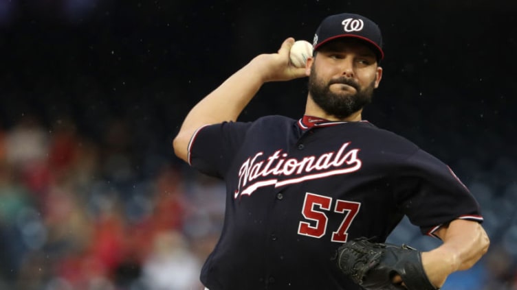 WASHINGTON, DC - AUGUST 21: Starting pitcher Tanner Roark #57 of the Washington Nationals works the first inning against the Philadelphia Phillies at Nationals Park on August 21, 2018 in Washington, DC. (Photo by Patrick Smith/Getty Images)