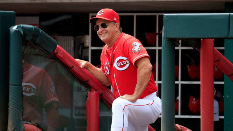 CINCINNATI, OH - SEPTEMBER 12: Jim Riggleman the manager of the Cincinnati Reds watches the action against the Los Angeles Dodgers at Great American Ball Park on September 12, 2018 in Cincinnati, Ohio. (Photo by Andy Lyons/Getty Images)