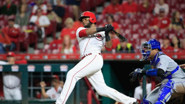 CINCINNATI, OH - SEPTEMBER 25: Phillip Ervin #27 of the Cincinnati Reds hits a RBI single in the 7th inning against the Kansas City Royals at Great American Ball Park on September 25, 2018 in Cincinnati, Ohio. (Photo by Andy Lyons/Getty Images)