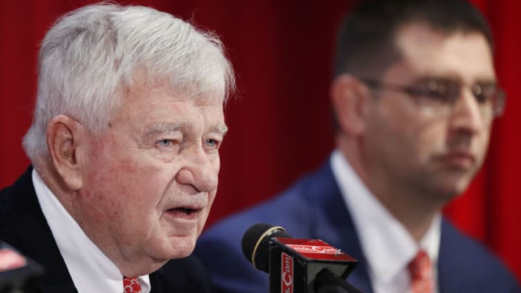 CINCINNATI, OH - OCTOBER 22: Owner and CEO Bob Castellini speaks as general manager Nick Krall looks on after David Bell was introduced as the new manager for the Cincinnati Reds at Great American Ball Park on October 22, 2018 in Cincinnati, Ohio. (Photo by Joe Robbins/Getty Images)