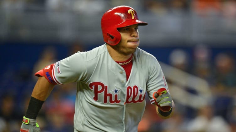 MIAMI, FL - APRIL 14: Cesar Hernandez #16 of the Philadelphia Phillies runs the bases after hitting a homer in the fourth inning against the Miami Marlins at Marlins Park on April 14, 2019 in Miami, Florida. (Photo by Mark Brown/Getty Images)