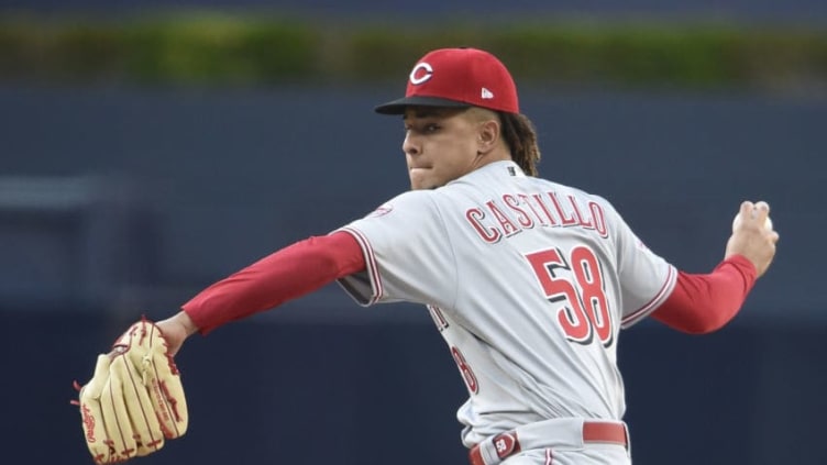 SAN DIEGO, CA - APRIL 20: Luis Castillo #58 of the Cincinnati Reds pitches during the first inning of a baseball game against the San Diego Padres at Petco Park April 20, 2019 in San Diego, California. (Photo by Denis Poroy/Getty Images)