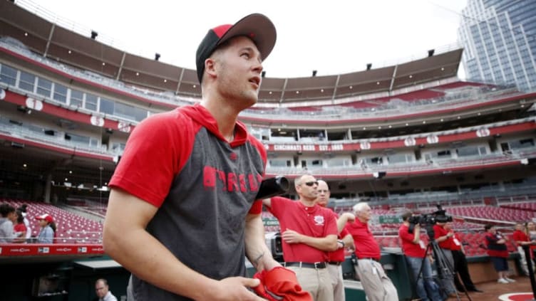 CINCINNATI, OH - MAY 03: Nick Senzel #15 of the Cincinnati Reds takes the field for batting practice prior to his Major League debut against the San Francisco Giants at Great American Ball Park on May 3, 2019 in Cincinnati, Ohio. (Photo by Joe Robbins/Getty Images)