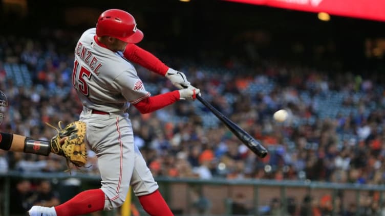 SAN FRANCISCO, CALIFORNIA - MAY 10: Nick Senzel #15 of the Cincinnati Reds hits an RBI triple during the second inning against the San Francisco Giants at Oracle Park on May 10, 2019 in San Francisco, California. (Photo by Daniel Shirey/Getty Images)