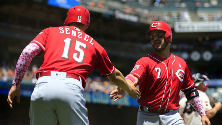 SAN FRANCISCO, CALIFORNIA - MAY 12: Eugenio Suarez #7 and Nick Senzel #15 of the Cincinnati Reds (Photo by Daniel Shirey/Getty Images)