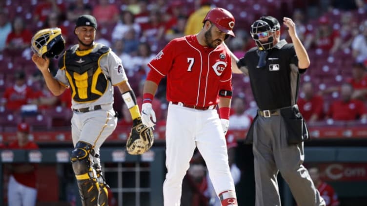 CINCINNATI, OH - MAY 29: Eugenio Suarez #7 of the Cincinnati Reds reacts after being hit by a pitch from Clay Holmes #52 of the Pittsburgh Pirates in the eighth inning at Great American Ball Park on May 29, 2019 in Cincinnati, Ohio. The Pirates won 7-2. (Photo by Joe Robbins/Getty Images)