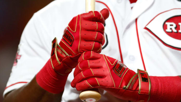 CINCINNATI, OH - JULY 18: A detail of the Franklin batting gloves worn by Yasiel Puig #66 of the Cincinnati Reds. (Photo by Kirk Irwin/Getty Images)