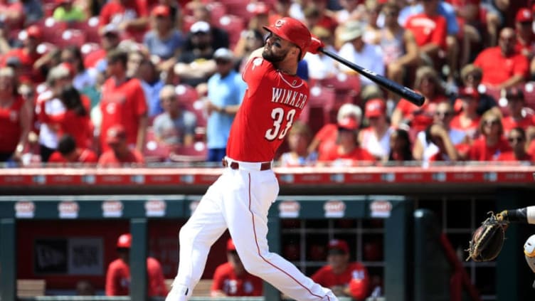 CINCINNATI, OHIO - JULY 31: Jesse Winker #33 of the Cincinnati Reds hits a home run in the first inning against the Pittsburgh Pirates at Great American Ball Park on July 31, 2019 in Cincinnati, Ohio. (Photo by Andy Lyons/Getty Images)