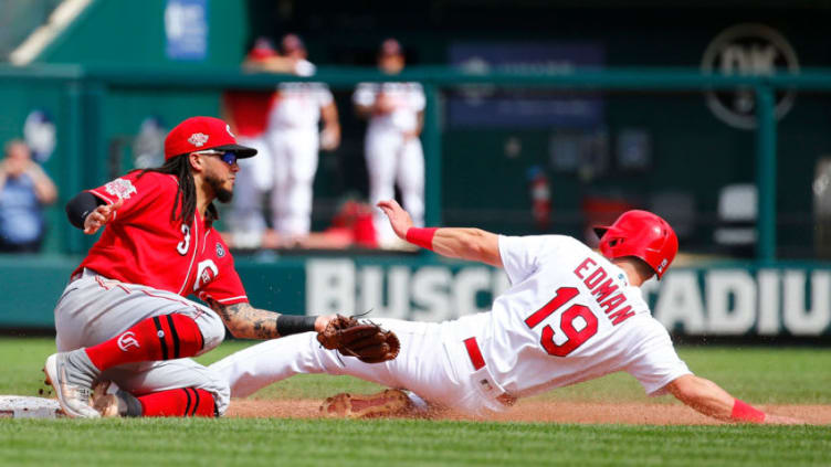 ST LOUIS, MO - SEPTEMBER 01: Tommy Edman #19 of the St. Louis Cardinals steals second base against Freddy Galvis #3 of the Cincinnati Reds. (Photo by Dilip Vishwanat/Getty Images)