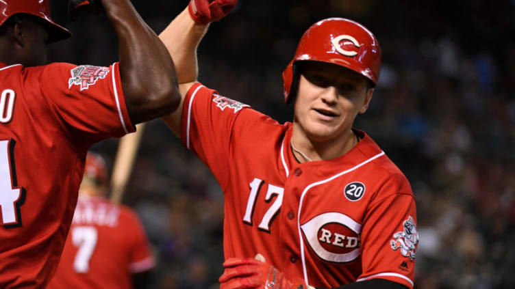 PHOENIX, ARIZONA - SEPTEMBER 15: Josh VanMeter #17 of the Cincinnati Reds celebrates (Photo by Norm Hall/Getty Images)