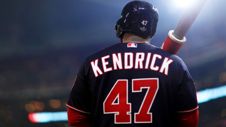 HOUSTON, TEXAS - OCTOBER 22: Howie Kendrick #47 of the Washington Nationals waits on deck against the Houston Astros during the fourth inning in Game One of the 2019 World Series at Minute Maid Park on October 22, 2019 in Houston, Texas. (Photo by Mike Ehrmann/Getty Images)