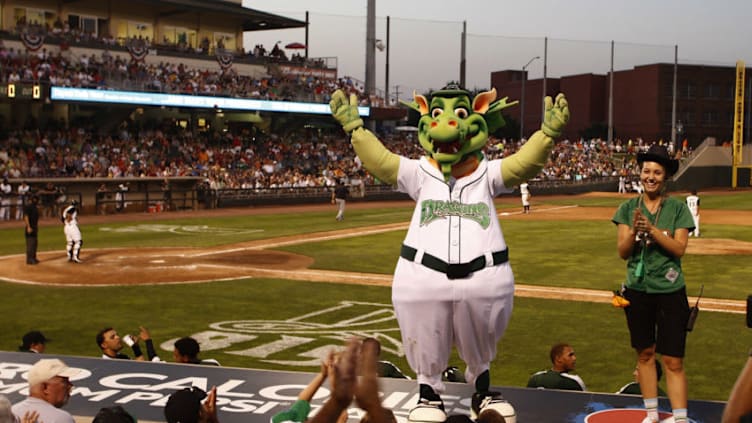 DAYTON, OH - JULY 9: Heater and members of the Dayton Dragons Rally Pack entertain the crowd during the game between the Dayton Dragons and the South Bend Silver Hawks breaking the All Time Professional Sports Consecutive Sellout Record at 815 consecutive games on July 9, 2011 at Fifth Third Field in Dayton, Ohio. The Dragons defeated the Silver Hawks 4-1. (Photo by John Grieshop/Getty Images)