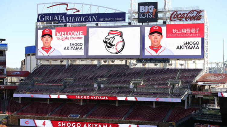 CINCINNATI, OHIO - JANUARY 08: The stadium had the scoreboard displayed to welcome Shogo Akiyama as a Cincinnati Reds (Photo by Andy Lyons/Getty Images)