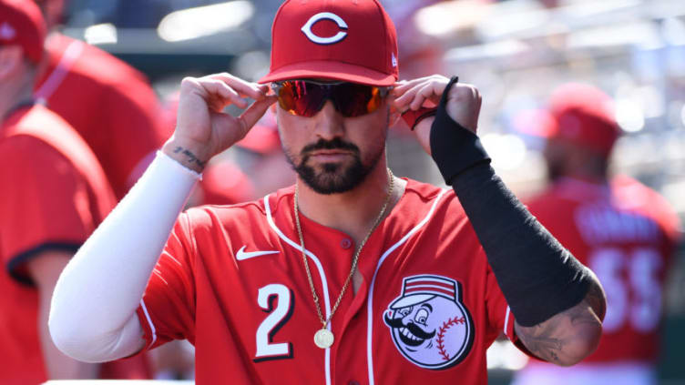 GOODYEAR, ARIZONA - FEBRUARY 24: Nick Castellanos #2 of the Cincinnati Reds prepares for a spring training game (Photo by Norm Hall/Getty Images)