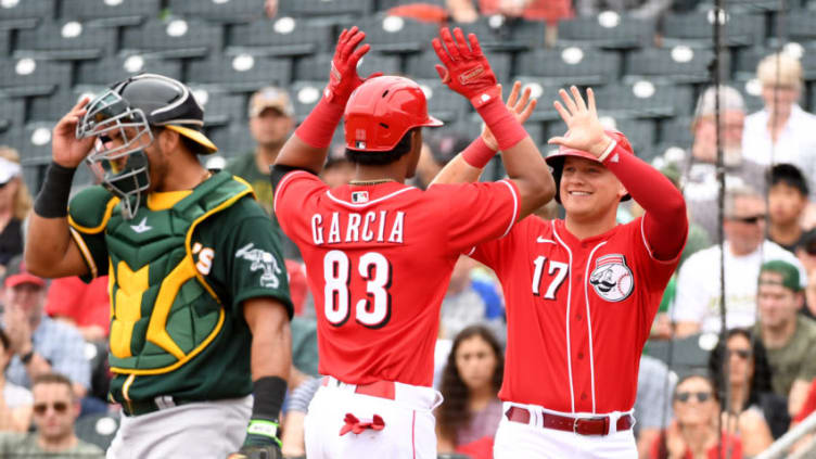 GOODYEAR, ARIZONA - FEBRUARY 28: Jose Garcia #83 of the Cincinnati Reds celebrates with Josh VanMeter #17 (Photo by Norm Hall/Getty Images)