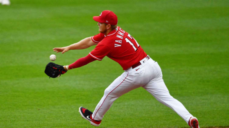 CINCINNATI, OH - JULY 10: Josh VanMeter #17 of the Cincinnati Reds (Photo by Jamie Sabau/Getty Images)