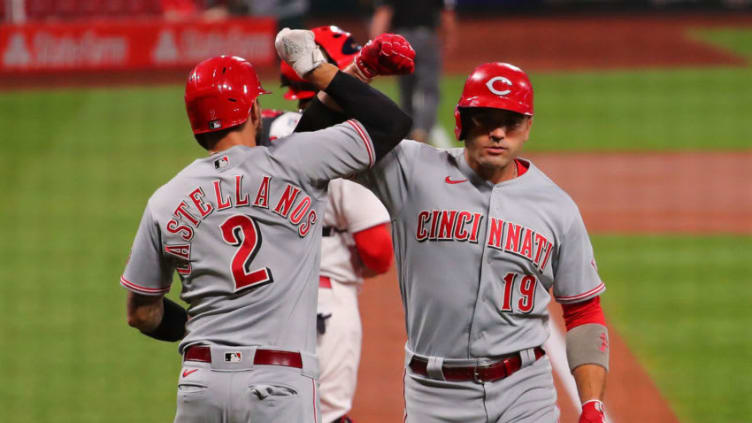 ST LOUIS, MO - SEPTEMBER 11: Joey Votto #19 of the Cincinnati Reds is congratulated by Nick Castellanos #2 of the Cincinnati Reds after hitting a two-run home run. (Photo by Dilip Vishwanat/Getty Images)