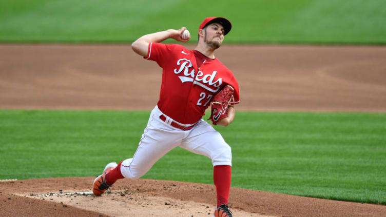 CINCINNATI, OH - SEPTEMBER 14: Trevor Bauer #27 of the Cincinnati Reds pitches the first inning. (Photo by Jamie Sabau/Getty Images)