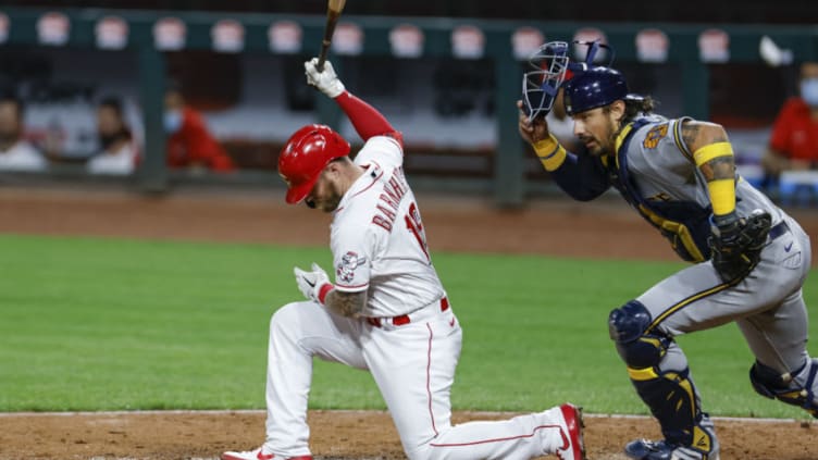 CINCINNATI, OH - SEPTEMBER 22: Tucker Barnhart #16 of the Cincinnati Reds strikes out. (Photo by Michael Hickey/Getty Images)