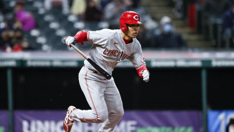 CLEVELAND, OH - MAY 08: Shogo Akiyama #4 of the Cincinnati Reds grounds into a fielders choice. (Photo by Ron Schwane/Getty Images)