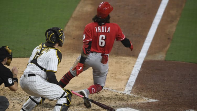 SAN DIEGO, CA - JUNE 17: Jonathan India #6 of the Cincinnati Reds hits a two-run home run during the ninth inning. (Photo by Denis Poroy/Getty Images)