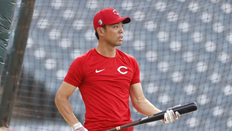 CLEVELAND, OH - AUGUST 09: Shogo Akiyama #4 of the Cincinnati Reds takes batting practice. (Photo by Ron Schwane/Getty Images)