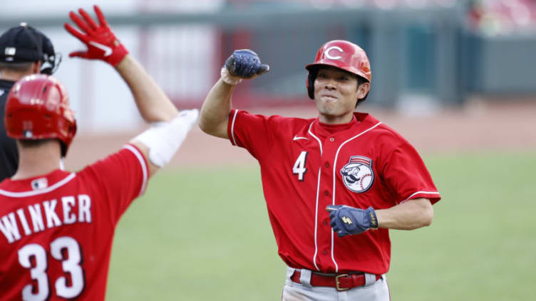 CINCINNATI, OH - JULY 18: Shogo Akiyama #4 of the Cincinnati Reds (Photo by Joe Robbins/Getty Images)