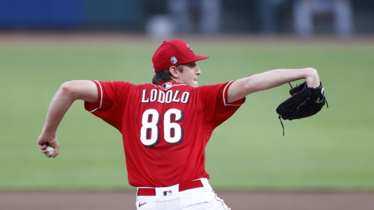 CINCINNATI, OH - JULY 21: Nick Lodolo #86 of the Cincinnati Reds pitches in the first inning during an exhibition game. (Photo by Joe Robbins/Getty Images)