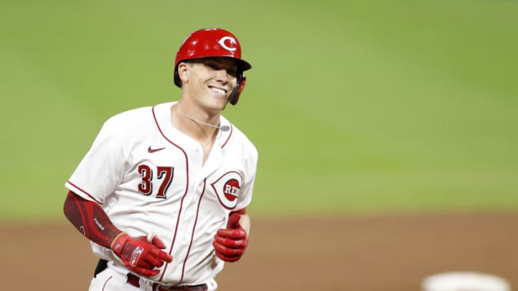 CINCINNATI, OH - JULY 27: Tyler Stephenson #37 of the Cincinnati Reds rounds the bases after hitting a solo home run in his first Major League at bat. (Photo by Joe Robbins/Getty Images)