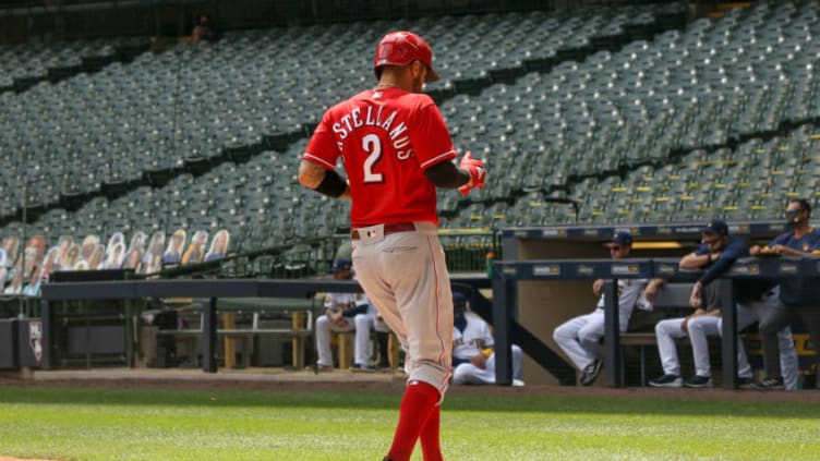 MILWAUKEE, WISCONSIN - AUGUST 09: Nick Castellanos #2 of the Cincinnati Reds scores a run. (Photo by Dylan Buell/Getty Images)