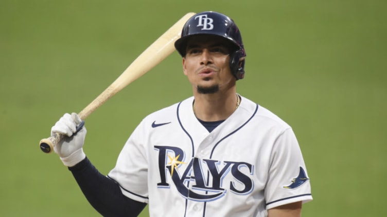 SAN DIEGO, CALIFORNIA - OCTOBER 17: Willy Adames #1 of the Tampa Bay Rays reacts to a strike during the first inning. (Photo by Harry How/Getty Images)