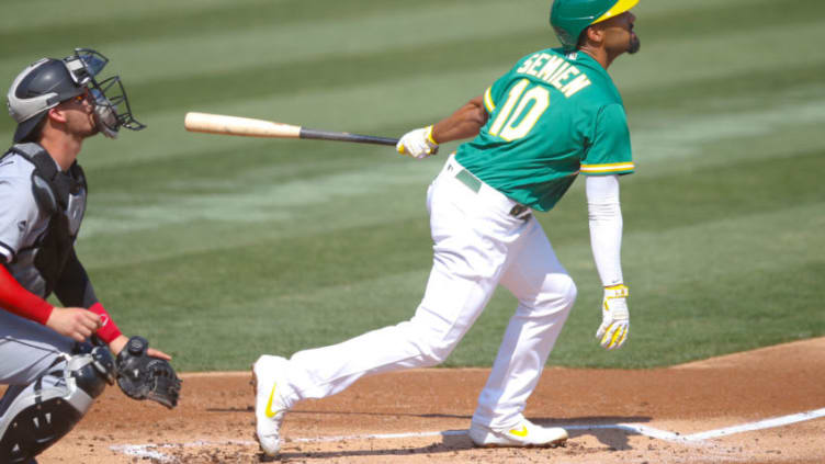 OAKLAND, CA - SEPTEMBER 30: Marcus Semien #10 of the Oakland Athletics bats. (Photo by Michael Zagaris/Oakland Athletics/Getty Images)