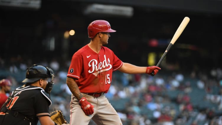 PHOENIX, ARIZONA - APRIL 10: Nick Senzel #15 of the Cincinnati Reds gets ready in the batters box. (Photo by Norm Hall/Getty Images)