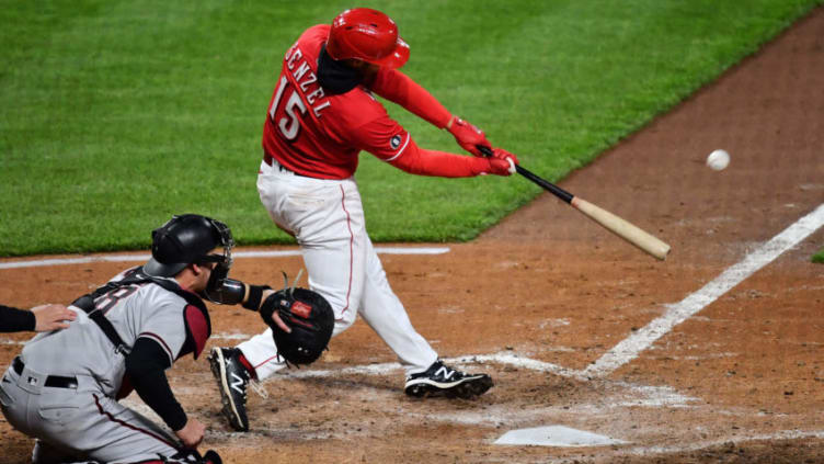 CINCINNATI, OH - APRIL 21: Nick Senzel #15 of the Cincinnati Reds bats. (Photo by Jamie Sabau/Getty Images)