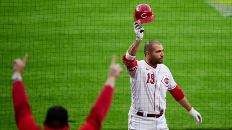 CINCINNATI, OHIO - APRIL 30: Joey Votto #19 of the Cincinnati Reds celebrates his 300th career home run. (Photo by Emilee Chinn/Getty Images)