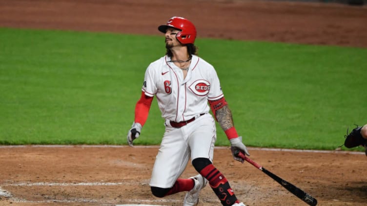 CINCINNATI, OH - MAY 19: Jonathan India #6 of the Cincinnati Reds bats. (Photo by Jamie Sabau/Getty Images)