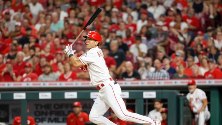 CINCINNATI, OHIO - JUNE 24: Shogo Akiyama #4 of the Cincinnati Reds lines out in the eighth inning. (Photo by Dylan Buell/Getty Images)