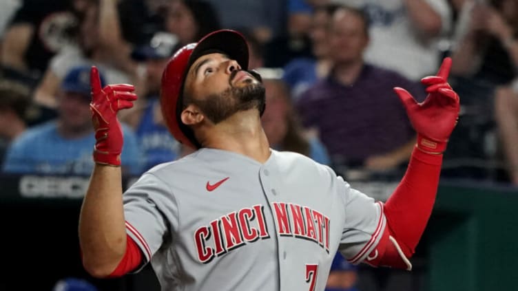 KANSAS CITY, MISSOURI - JULY 05: Eugenio Suarez #7 of the Cincinnati Reds celebrates his three-run home run. (Photo by Ed Zurga/Getty Images)