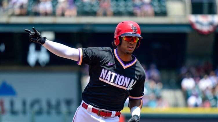 DENVER, CO - JULY 11: Jose Barrero #50 of National League Futures Team runs the bases after hitting a first inning solo home run.(Photo by Dustin Bradford/Getty Images)