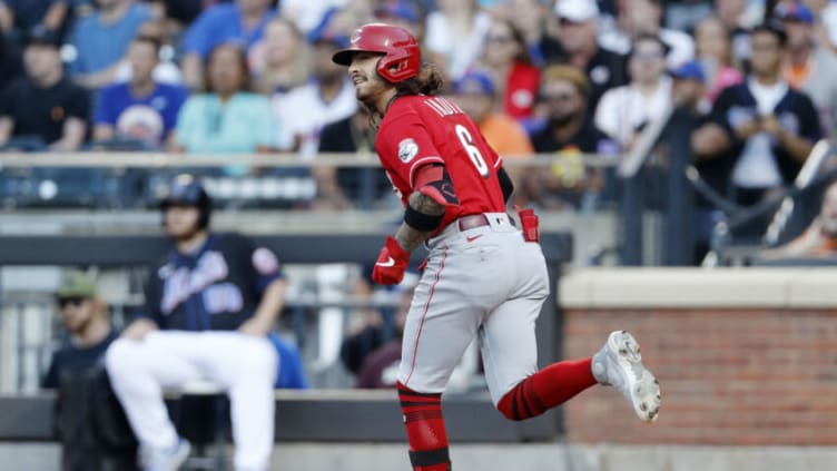 NEW YORK, NEW YORK - JULY 30: Jonathan India #6 of the Cincinnati Reds watches the flight of his first inning home run. (Photo by Jim McIsaac/Getty Images)